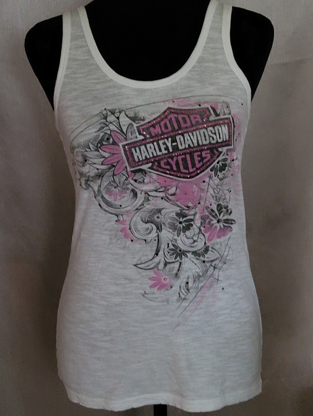 Harley-Davidson White & Pink Floral Shield Tank